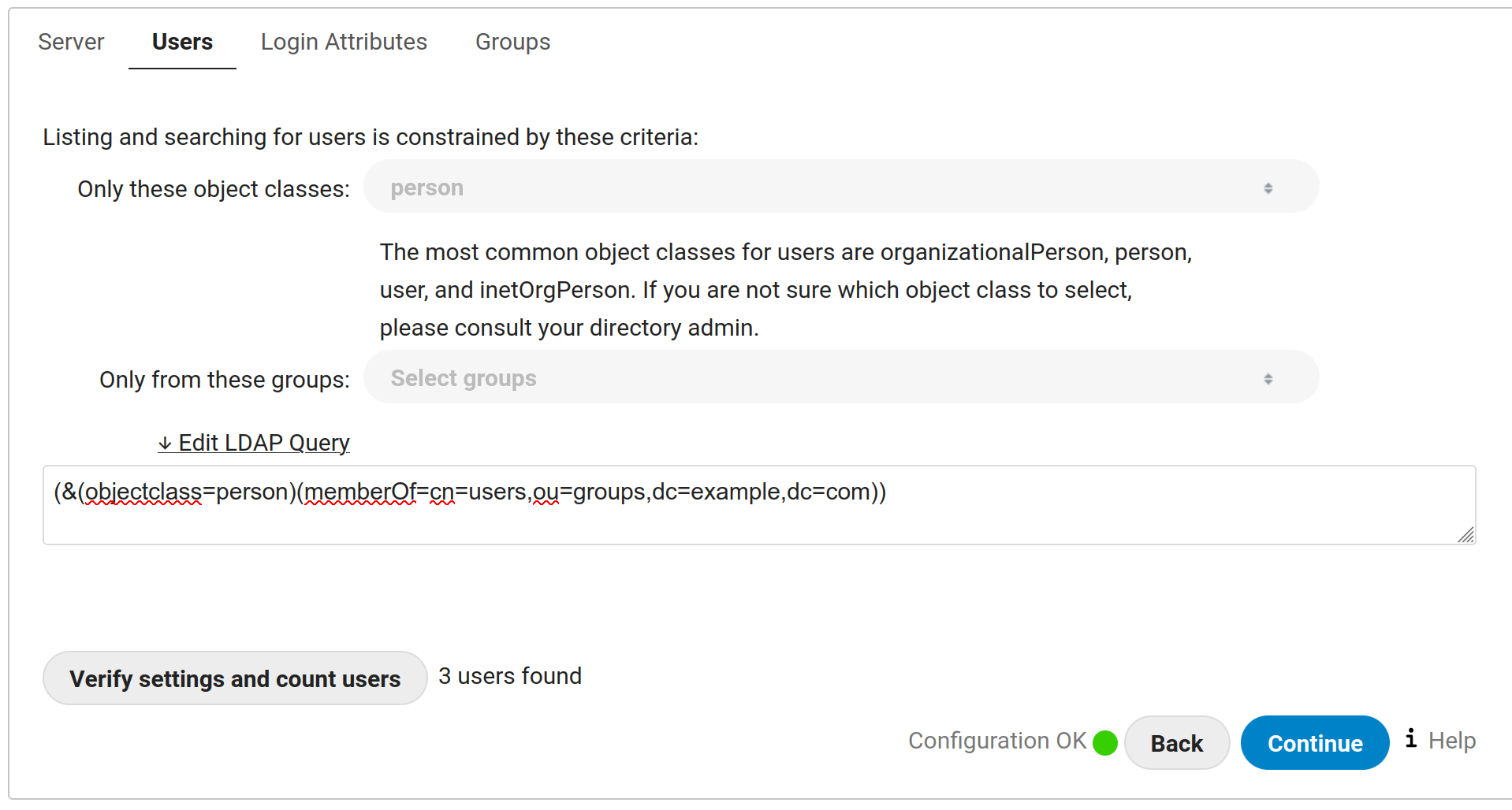 login configuration page
