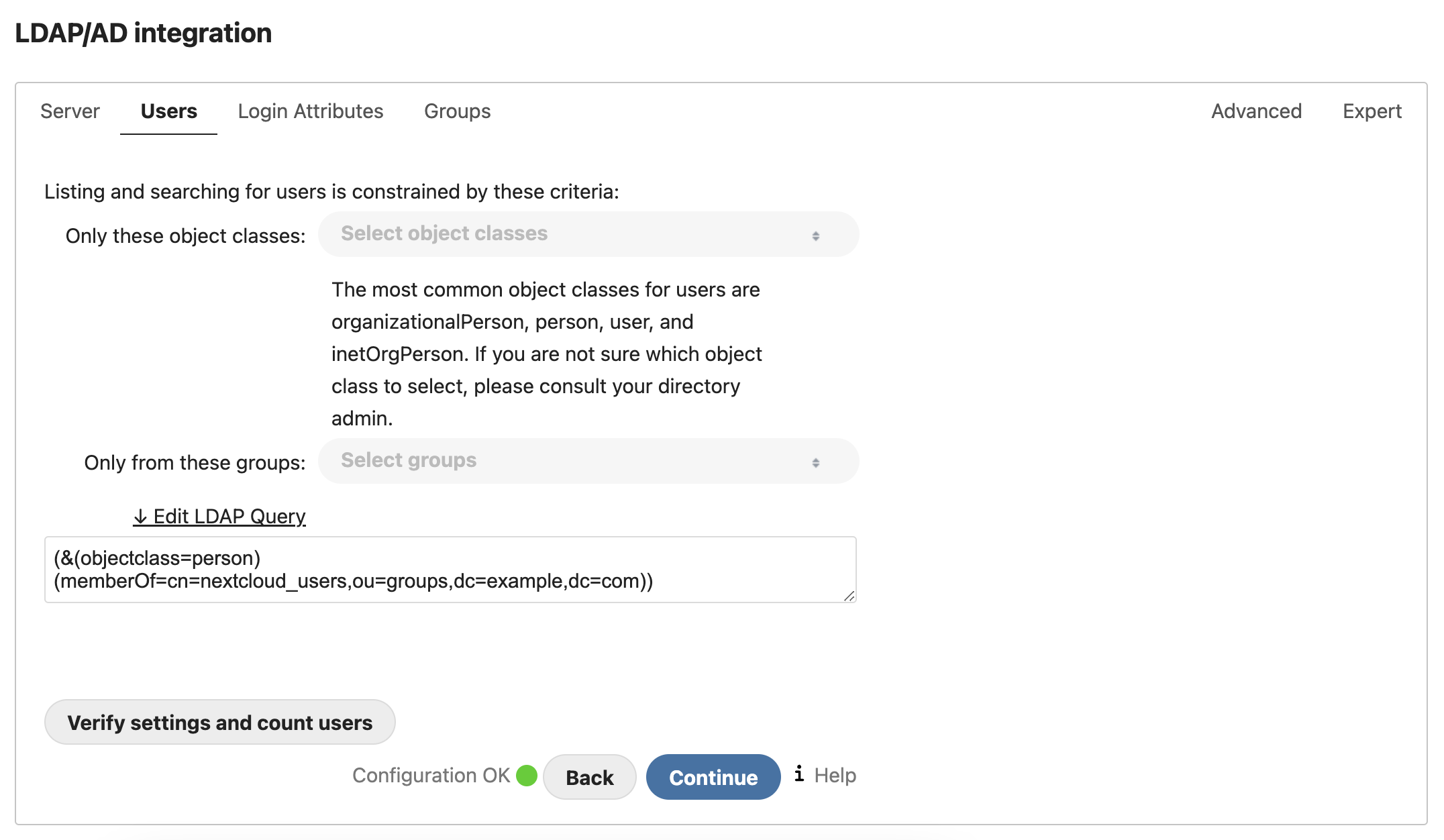 login configuration page
